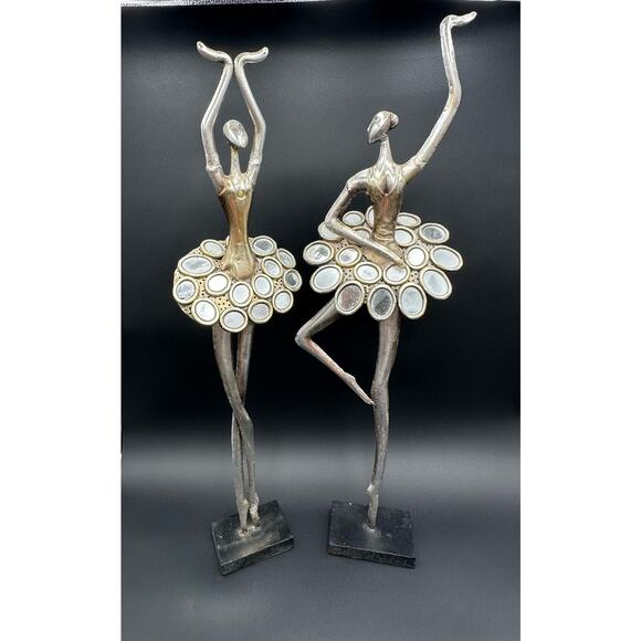 Ballerina Figurine Mirrored Skirt Fifth Position Metal Art Statue Figurine Set/2 - Picture 1 of 7